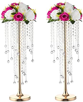 21.6in Gold Wedding Centerpieces for Table, 2Pcs Tall Vases Wedding Centerpieces with Sparkling Crystal Beads