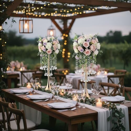 21.88in Gold Wedding Centerpieces for Tables, 2pcs Wedding Flower Stand with Crystal Bead, Metal Tall Vases for, alternate