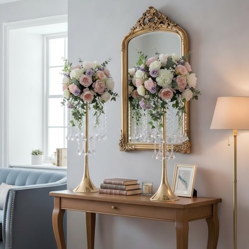 21.88in Gold Wedding Centerpieces for Tables, 2pcs Wedding Flower Stand with Crystal Bead, Metal Tall Vases for, alternate