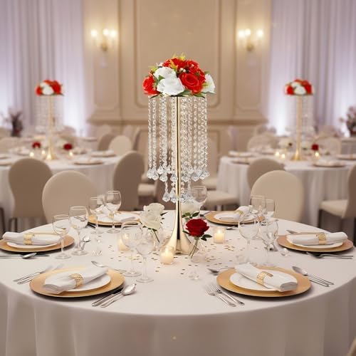 21.88in Gold Wedding Centerpieces for Tables, 2pcs Wedding Flower Stand with Crystal Bead, Metal Tall Vases for, alternate