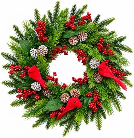 21 Inch Artificial Christmas Wreath for Front Door, Handcrafted Winter Wreath with Red Cardinal Birds, Red