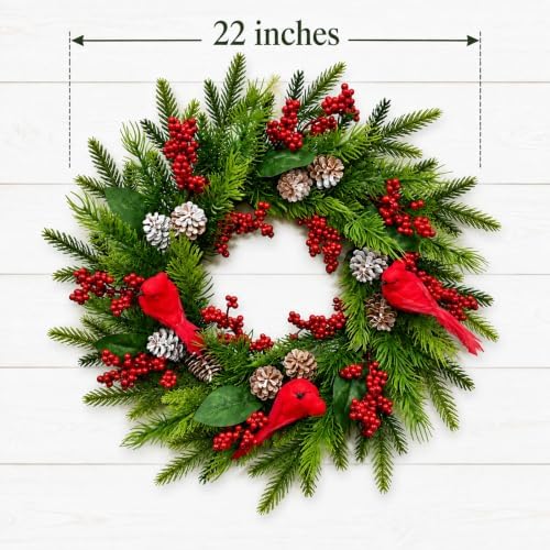 21 Inch Artificial Christmas Wreath for Front Door, Handcrafted Winter Wreath with Red Cardinal Birds, Red, alternate view 2