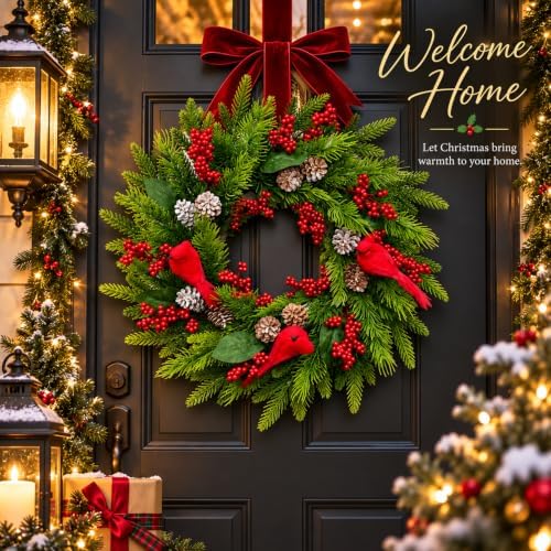 21 Inch Artificial Christmas Wreath for Front Door, Handcrafted Winter Wreath with Red Cardinal Birds, Red, alternate view 3