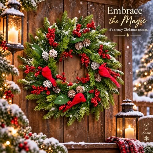 21 Inch Artificial Christmas Wreath for Front Door, Handcrafted Winter Wreath with Red Cardinal Birds, Red, alternate view 4