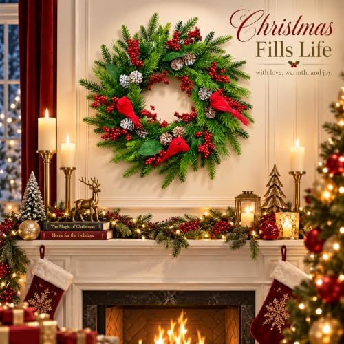 21 Inch Artificial Christmas Wreath for Front Door, Handcrafted Winter Wreath with Red Cardinal Birds, Red, alternate view 5