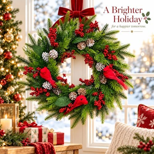 21 Inch Artificial Christmas Wreath for Front Door, Handcrafted Winter Wreath with Red Cardinal Birds, Red, alternate view 6
