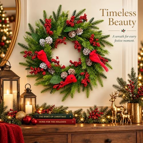 21 Inch Artificial Christmas Wreath for Front Door, Handcrafted Winter Wreath with Red Cardinal Birds, Red, alternate view 7