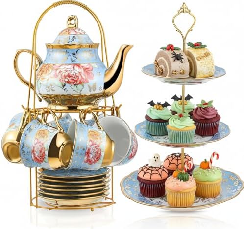 21 Pcs Porcelain Tea Set for Women Tea Party, Advanced Style in Blue
