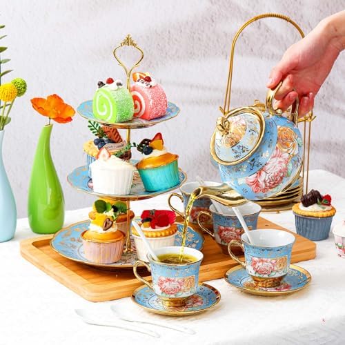 21 Pcs Porcelain Tea Set for Women Tea Party, Advanced Style in Blue, alternate view 2