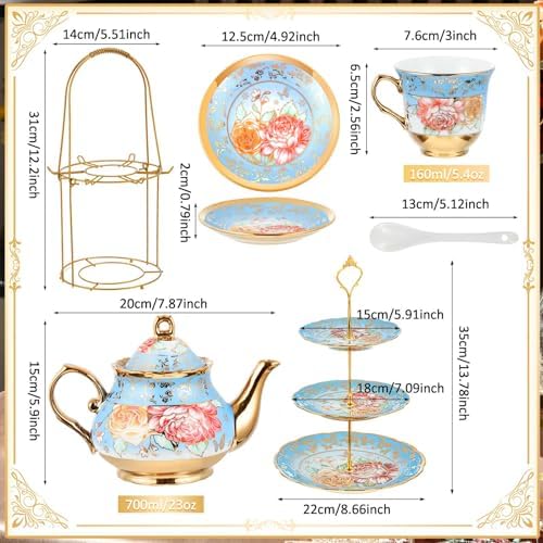 21 Pcs Porcelain Tea Set for Women Tea Party, Advanced Style in Blue, alternate view 3