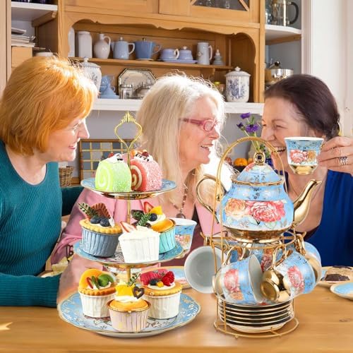 21 Pcs Porcelain Tea Set for Women Tea Party, Advanced Style in Blue, alternate view 4