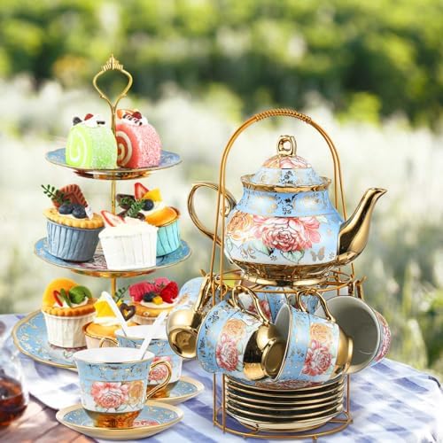 21 Pcs Porcelain Tea Set for Women Tea Party, Advanced Style in Blue, alternate view 5