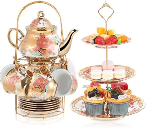 21 Pcs Porcelain Tea Set for Women Tea Party, Vintage Style in Teapot: 23 oz / 700 ml, Cup: 5.4 oz / 160 ml in