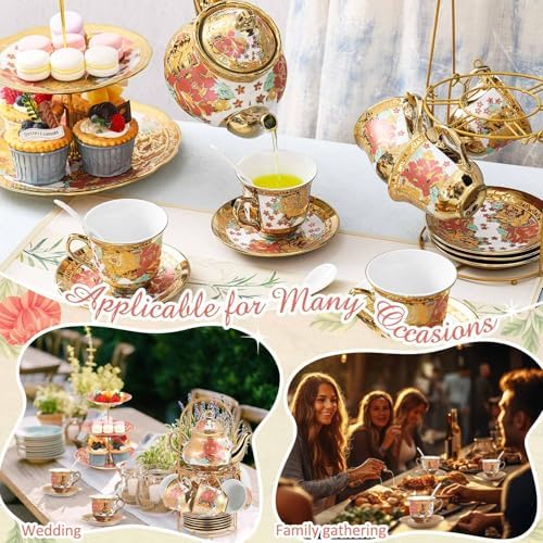 21 Pcs Porcelain Tea Set for Women Tea Party, Vintage Style in Teapot: 23 oz / 700 ml, Cup: 5.4 oz / 160 ml in, alternate