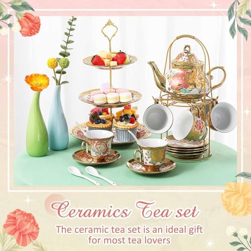 21 Pcs Porcelain Tea Set for Women Tea Party, Vintage Style in Teapot: 23 oz / 700 ml, Cup: 5.4 oz / 160 ml in, alternate