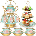 21 Pcs Porcelain Tea Set with 3 Tier Dessert Stand, Green, Summer in Yellow