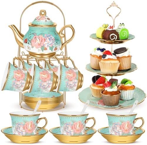 21 Pcs Porcelain Tea Set with 3 Tier Dessert Stand, Green, Summer in Yellow