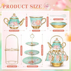 21 Pcs Porcelain Tea Set with 3 Tier Dessert Stand, Green, Summer in Yellow, alternate view 2