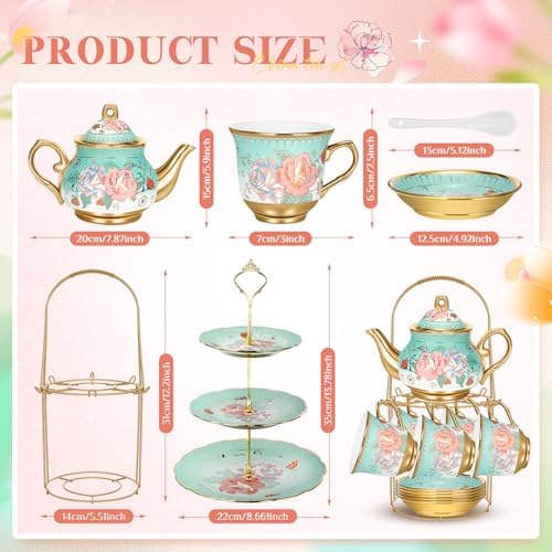 21 Pcs Porcelain Tea Set with 3 Tier Dessert Stand, Green, Summer in Yellow, alternate view 2