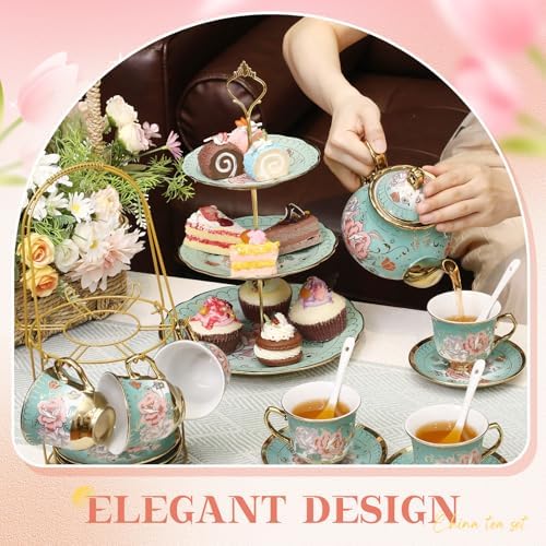 21 Pcs Porcelain Tea Set with 3 Tier Dessert Stand, Green, Summer in Yellow, alternate view 3