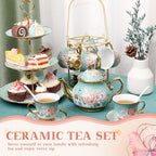 21 Pcs Porcelain Tea Set with 3 Tier Dessert Stand, Green, Summer in Yellow, alternate view 4
