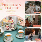21 Pcs Porcelain Tea Set with 3 Tier Dessert Stand, Green, Summer in Yellow, alternate view 5