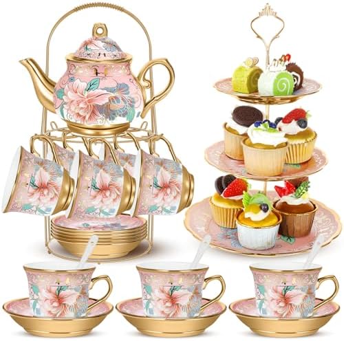 21 Pcs Porcelain Tea Set with 3 Tier Dessert Stand, Pink, Spring in Yellow