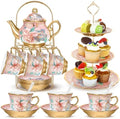 21 Pcs Porcelain Tea Set with 3 Tier Dessert Stand, Pink, Spring in Yellow