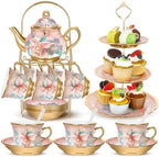 21 Pcs Porcelain Tea Set with 3 Tier Dessert Stand, Pink, Spring in Yellow
