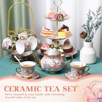 21 Pcs Porcelain Tea Set with 3 Tier Dessert Stand, Pink, Spring in Yellow, alternate view 2