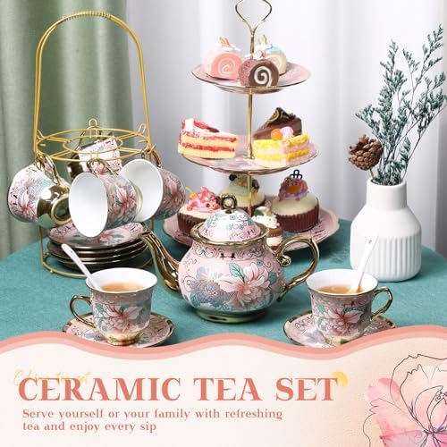 21 Pcs Porcelain Tea Set with 3 Tier Dessert Stand, Pink, Spring in Yellow, alternate view 2