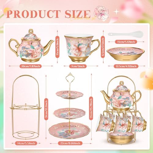 21 Pcs Porcelain Tea Set with 3 Tier Dessert Stand, Pink, Spring in Yellow, alternate view 3