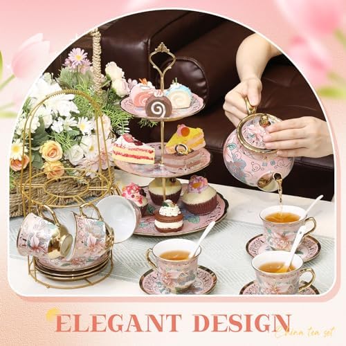 21 Pcs Porcelain Tea Set with 3 Tier Dessert Stand, Pink, Spring in Yellow, alternate view 4