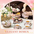 21 Pcs Porcelain Tea Set with 3 Tier Dessert Stand, Pink, Spring in Yellow, alternate view 4