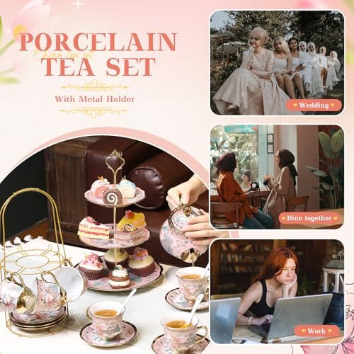 21 Pcs Porcelain Tea Set with 3 Tier Dessert Stand, Pink, Spring in Yellow, alternate view 5