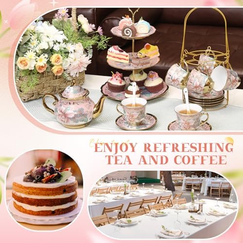 21 Pcs Porcelain Tea Set with 3 Tier Dessert Stand, Pink, Spring in Yellow, alternate view 6