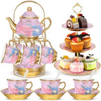 21 Pcs Porcelain Tea Set with 3 Tier Dessert Stand, Purple, Delicate in Yellow