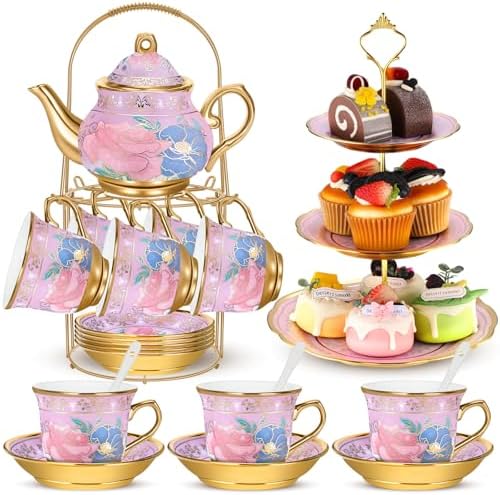 21 Pcs Porcelain Tea Set with 3 Tier Dessert Stand, Purple, Delicate in Yellow