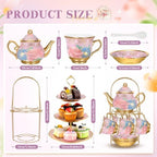 21 Pcs Porcelain Tea Set with 3 Tier Dessert Stand, Purple, Delicate in Yellow, alternate view 3