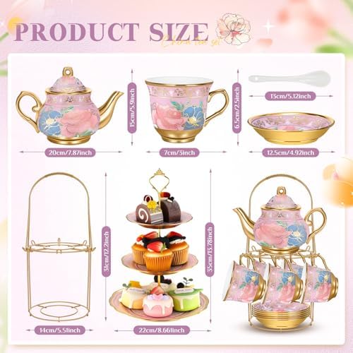 21 Pcs Porcelain Tea Set with 3 Tier Dessert Stand, Purple, Delicate in Yellow, alternate view 3