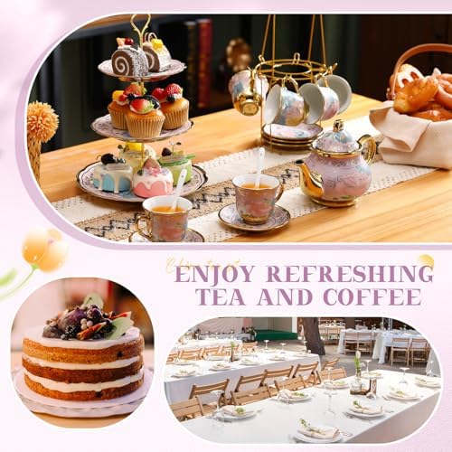21 Pcs Porcelain Tea Set with 3 Tier Dessert Stand, Purple, Delicate in Yellow, alternate view 4