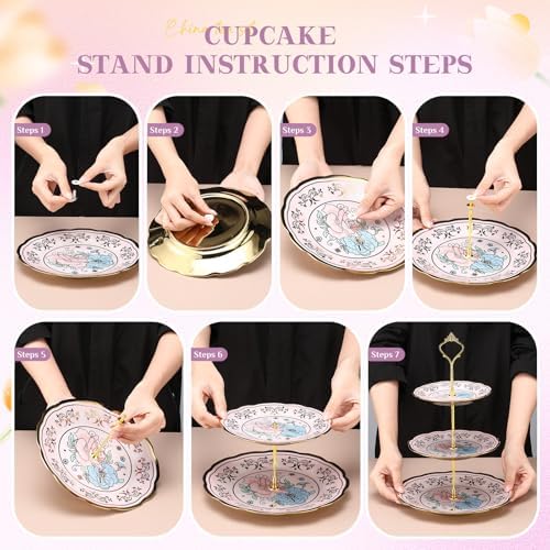21 Pcs Porcelain Tea Set with 3 Tier Dessert Stand, Purple, Delicate in Yellow, alternate view 5