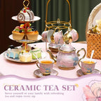 21 Pcs Porcelain Tea Set with 3 Tier Dessert Stand, Purple, Delicate in Yellow, alternate view 6