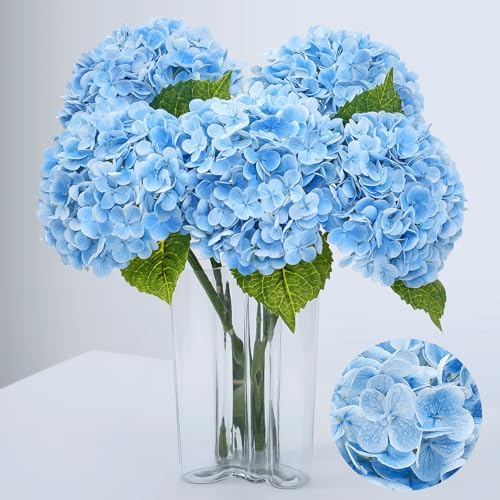 21" Real Touch Blue Hydrangea Artificial Flowers with Long Stem & Leaves, Full Latex Faux Hydrangea Flowers for