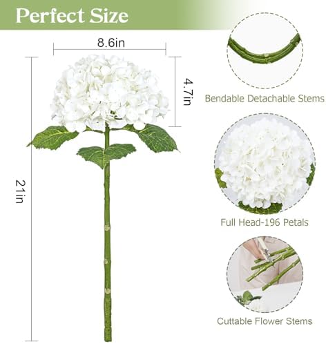 21" Real Touch White Hydrangea Artificial Flowers with Long Stem & Leaves, Full Latex Faux Hydrangea Flowers for, alternate