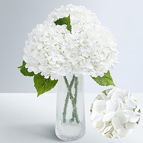 21" Real Touch White Hydrangea Artificial Flowers with Long Stem & Leaves, Full Latex Faux Hydrangea Flowers for