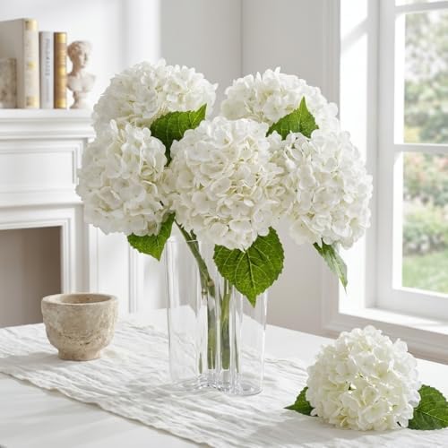 21" Real Touch White Hydrangea Artificial Flowers with Long Stem & Leaves, Full Latex Faux Hydrangea Flowers for, alternate