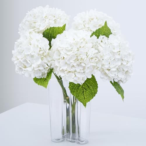 21" Real Touch White Hydrangea Artificial Flowers with Long Stem & Leaves, Full Latex Faux Hydrangea Flowers for