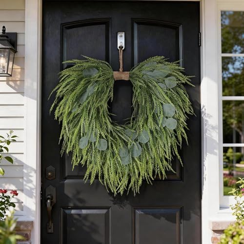 22" Artificial Eucalyptus & Saw Grass Wreath for Front Door Decor, alternate view 2