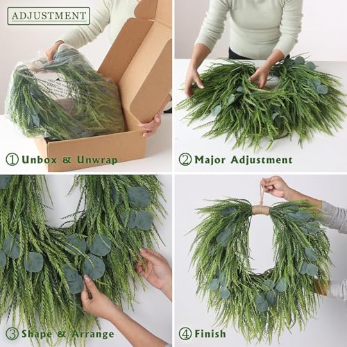 22" Artificial Eucalyptus & Saw Grass Wreath for Front Door Decor, alternate view 6